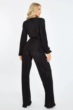 Rebellious Fashion Black Plisse Warp Front Top & Wide Leg Trouser Set - Ocean