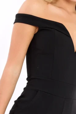Rebellious Fashion Black Plunge Bardot Playsuit - Fae