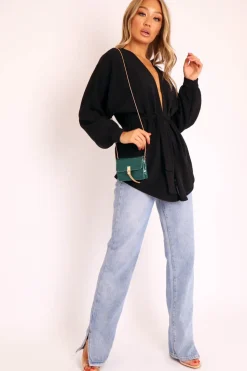 Rebellious Fashion Black Plunge Belted Blouse - Goldie