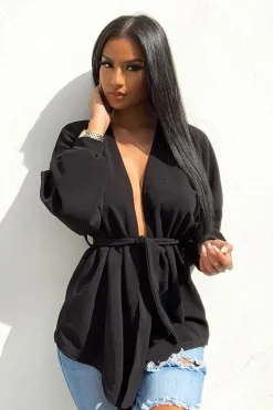 Rebellious Fashion Black Plunge Belted Blouse - Goldie