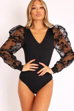 Rebellious Fashion Black Plunge Black Floral Sheer Puff Sleeves Bodysuit - Zoiey