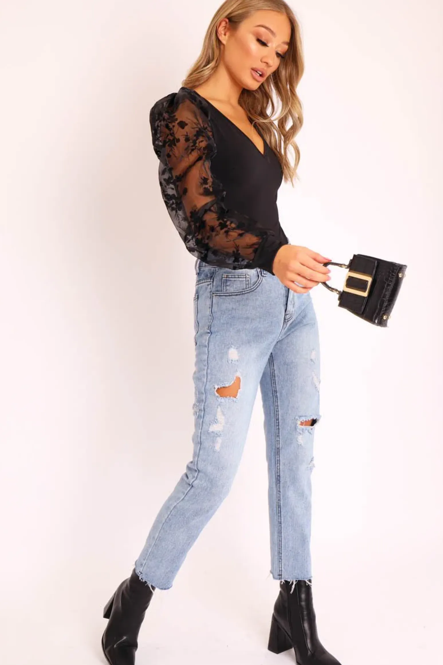 Rebellious Fashion Black Plunge Black Floral Sheer Puff Sleeves Bodysuit - Zoiey