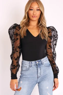 Rebellious Fashion Black Plunge Black Floral Sheer Puff Sleeves Bodysuit - Zoiey