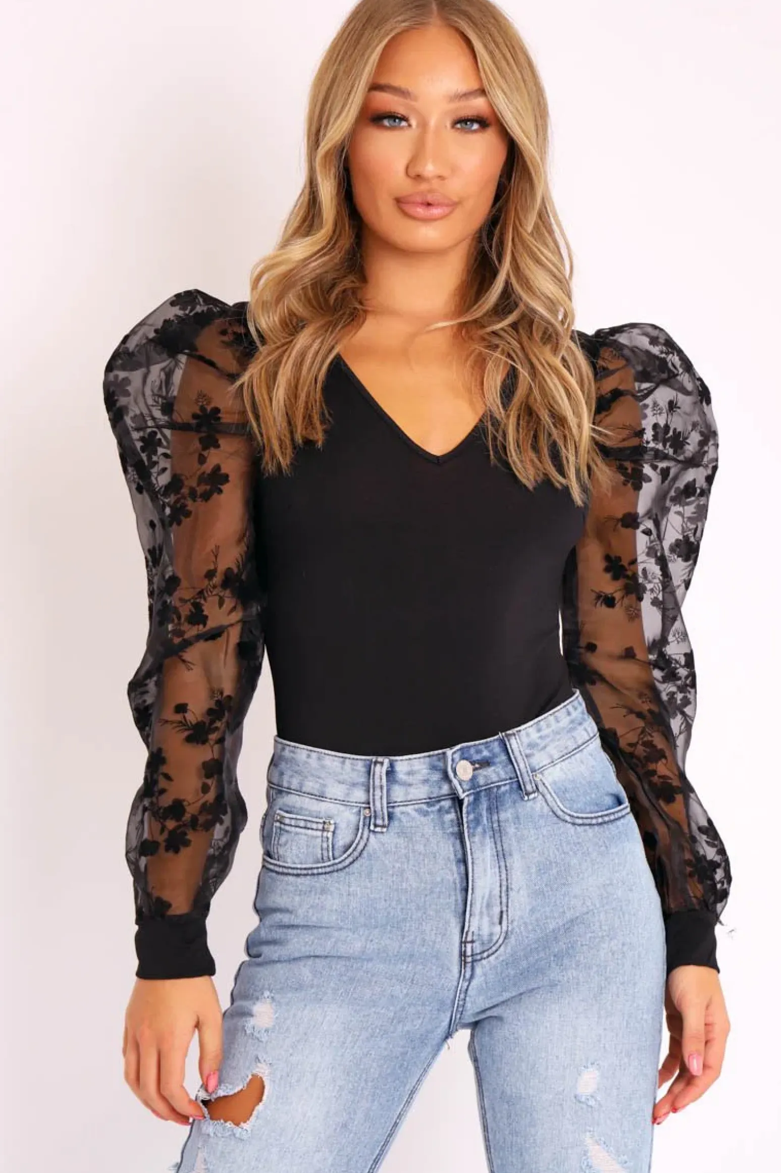 Rebellious Fashion Black Plunge Black Floral Sheer Puff Sleeves Bodysuit - Zoiey