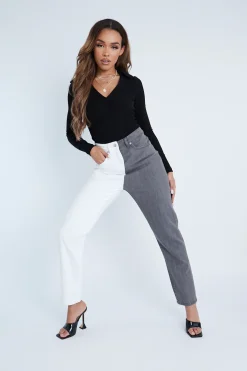 Rebellious Fashion Black Plunge Button Front Collar Bodysuit - Isabella