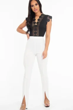 Rebellious Fashion Black Plunge Crochet Insert Cap Sleeve Bodysuit - Zahida