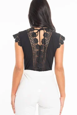 Rebellious Fashion Black Plunge Crochet Insert Cap Sleeve Bodysuit - Zahida