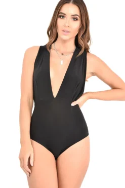 Rebellious Fashion Black Plunge Cross Back Bodysuit - Elenora