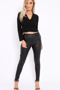 Rebellious Fashion Black Plunge Flare Sleeve Crop Top with Frill Hem - Masie