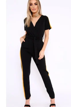 Rebellious Fashion Black Plunge Front Contrast Side Stripe Jumpsuit - Jayah
