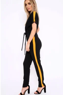 Rebellious Fashion Black Plunge Front Contrast Side Stripe Jumpsuit - Jayah