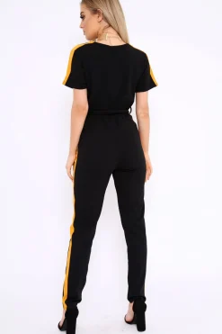 Rebellious Fashion Black Plunge Front Contrast Side Stripe Jumpsuit - Jayah