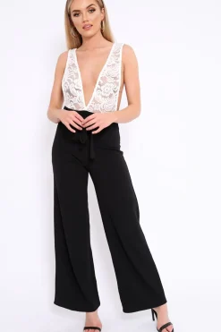 Rebellious Fashion Black Plunge Front Lace Jumpsuit - Felice