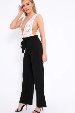 Rebellious Fashion Black Plunge Front Lace Jumpsuit - Felice