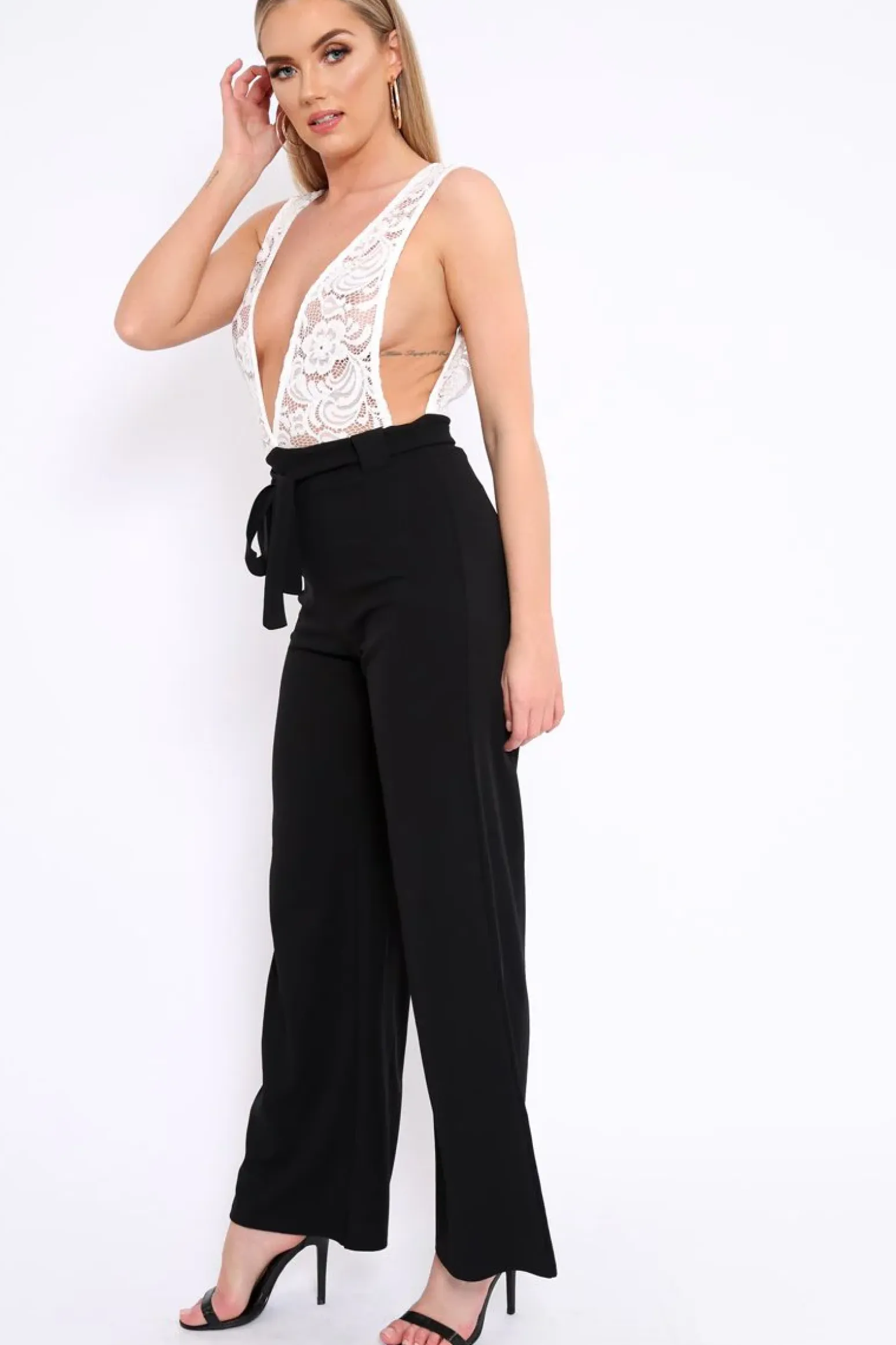 Rebellious Fashion Black Plunge Front Lace Jumpsuit - Felice