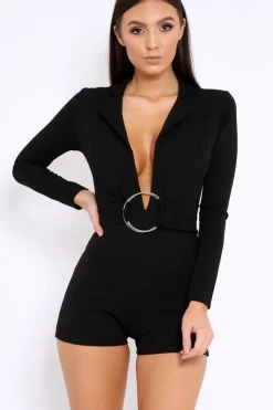 Rebellious Fashion Black Plunge Front Playsuit with Ring Belt Detail - Daylin