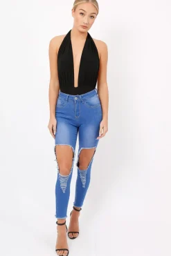 Rebellious Fashion Black Plunge Halterneck Bodysuit - Lona