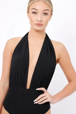 Rebellious Fashion Black Plunge Halterneck Bodysuit - Lona