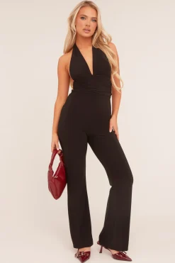 Rebellious Fashion Black Plunge Halter Neck Flared Jumpsuit - Brielle