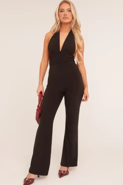 Rebellious Fashion Black Plunge Halter Neck Flared Jumpsuit - Brielle