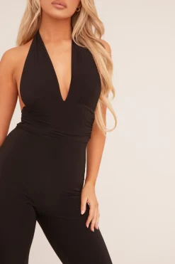 Rebellious Fashion Black Plunge Halter Neck Flared Jumpsuit - Brielle