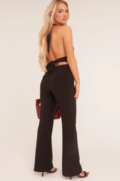 Rebellious Fashion Black Plunge Halter Neck Flared Jumpsuit - Brielle