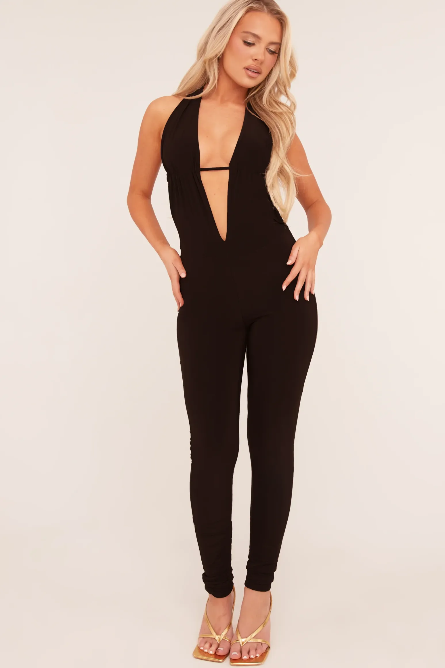 Rebellious Fashion Black Plunge Halter Neck Jumpsuit - Liliana