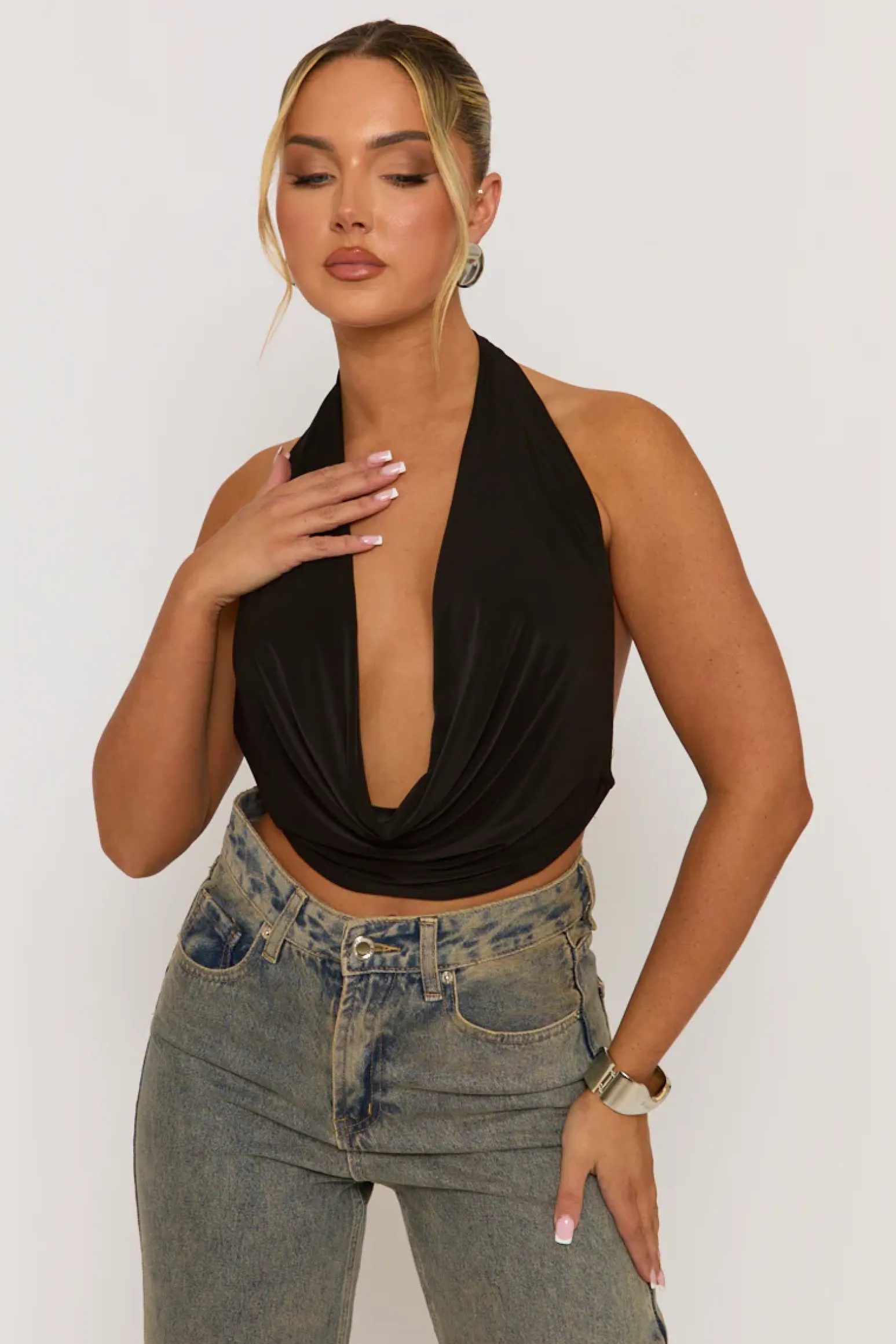 Rebellious Fashion Black Plunge Halter Neck Top - Micah