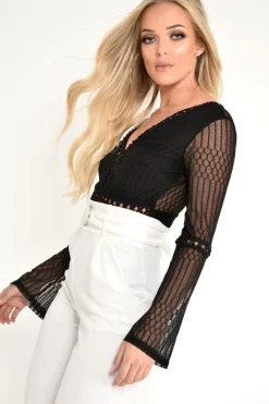 Rebellious Fashion Black Plunge Lace Crochet Long Sleeved Bodysuit - Edyn