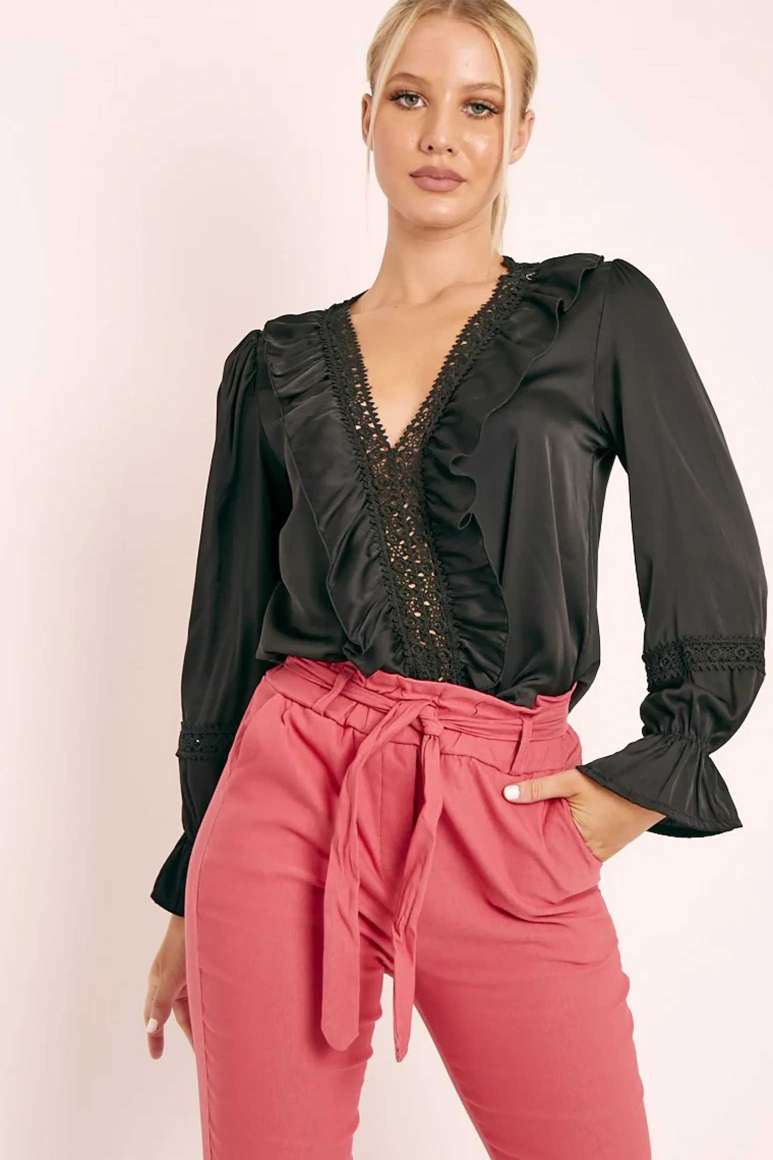 Rebellious Fashion Black Plunge Lace Neckline Blouse - Harleigh