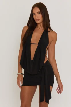 Rebellious Fashion Black Plunge Neck Cowl Detail Top & Mini Skirt Co-ord Set - Lama