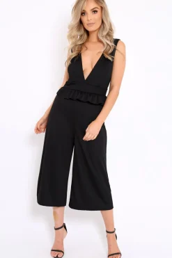 Rebellious Fashion Black Plunge Neck Frill Waist Culottes Jumpsuit - Camille