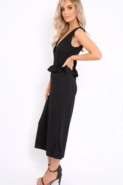 Rebellious Fashion Black Plunge Neck Frill Waist Culottes Jumpsuit - Camille