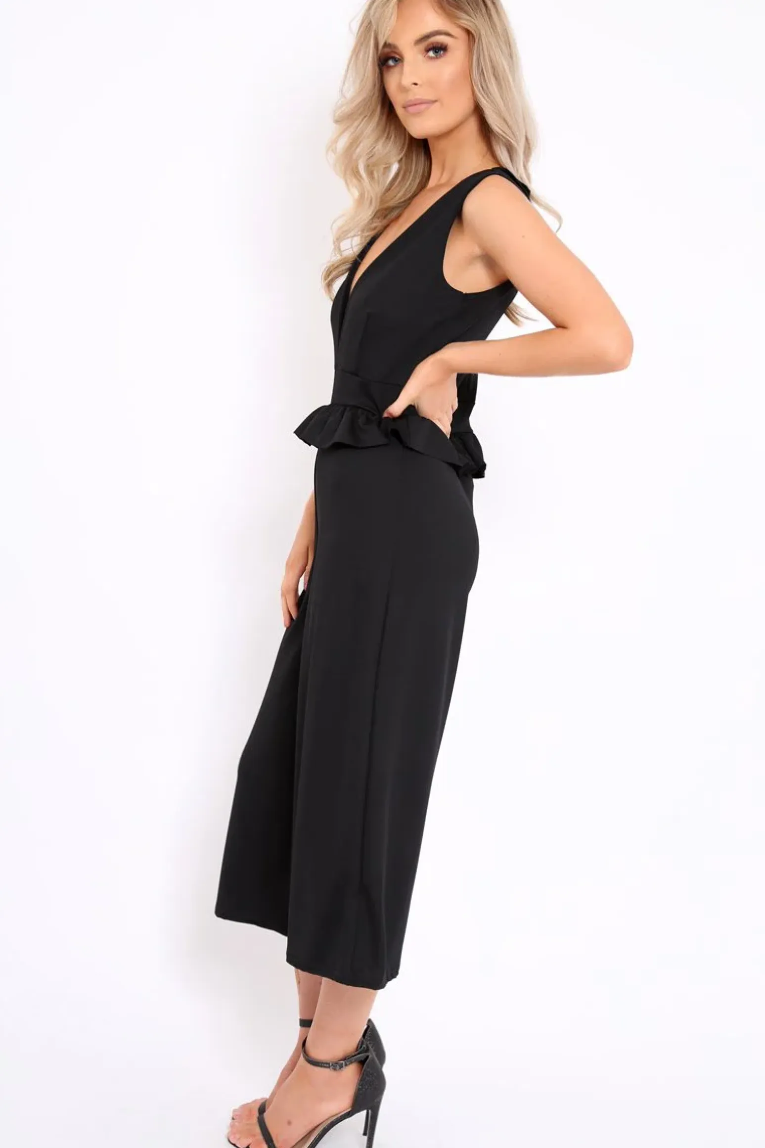 Rebellious Fashion Black Plunge Neck Frill Waist Culottes Jumpsuit - Camille