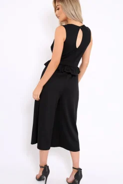 Rebellious Fashion Black Plunge Neck Frill Waist Culottes Jumpsuit - Camille