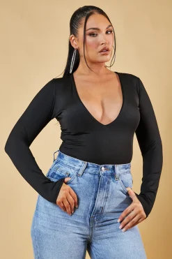 Rebellious Fashion Black Plunge Neck Long Sleeve Bodysuit - Edith