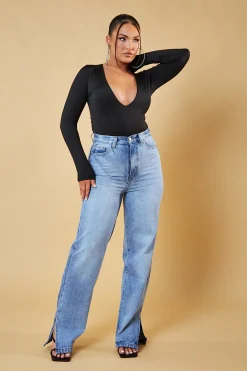 Rebellious Fashion Black Plunge Neck Long Sleeve Bodysuit - Edith