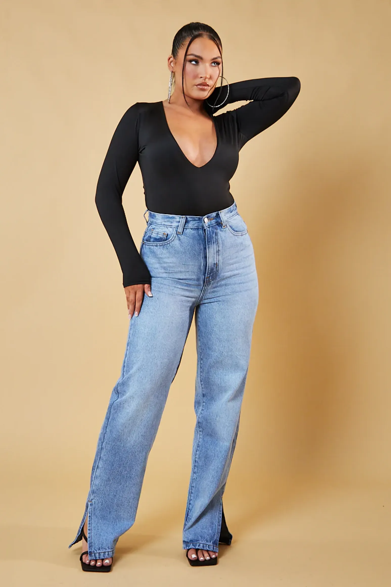 Rebellious Fashion Black Plunge Neck Long Sleeve Bodysuit - Edith