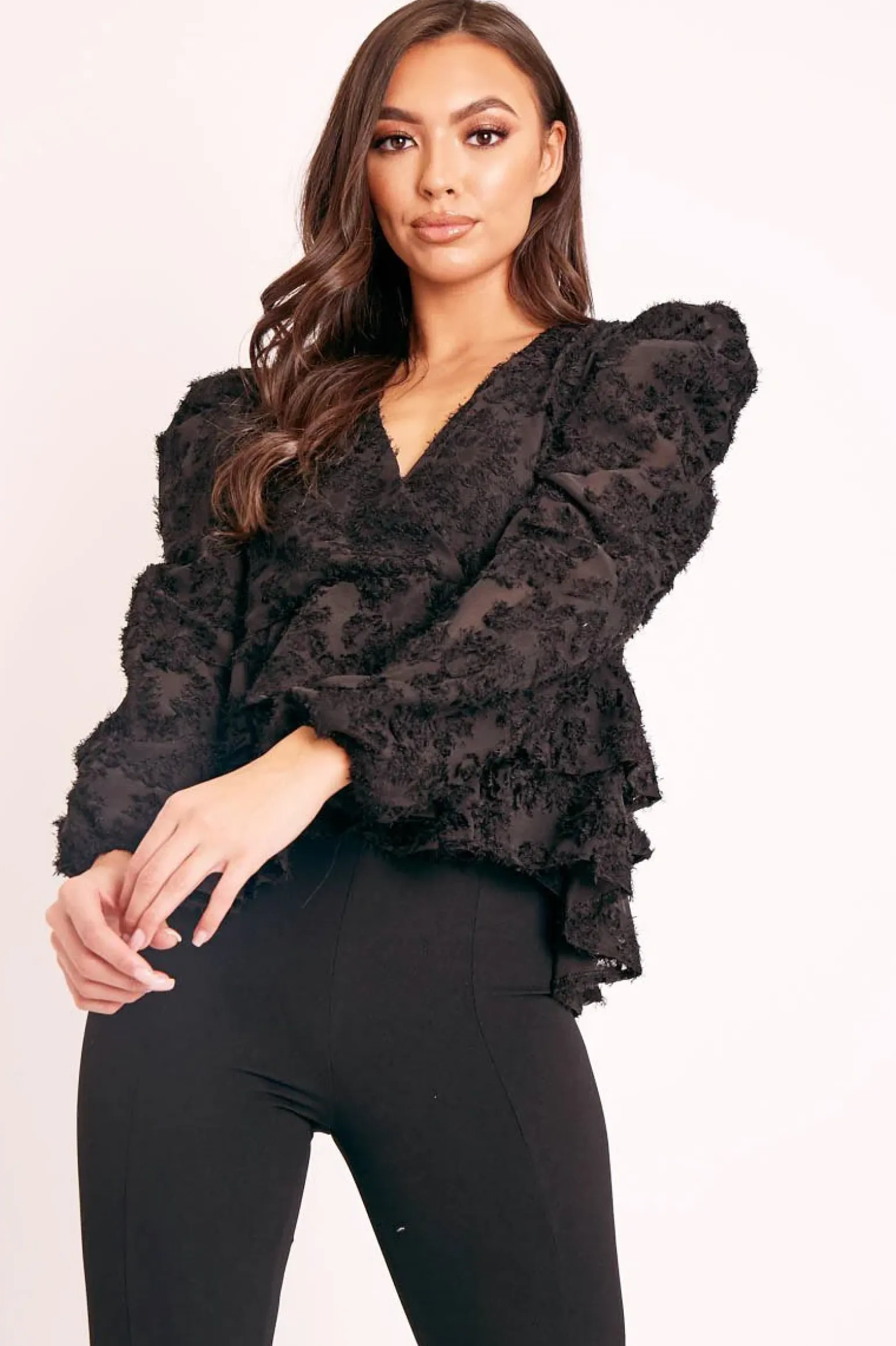 Rebellious Fashion Black Plunge Neck Peplum Textured Blouse - Aagna