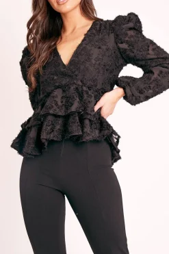 Rebellious Fashion Black Plunge Neck Peplum Textured Blouse - Aagna
