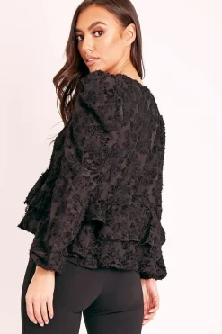 Rebellious Fashion Black Plunge Neck Peplum Textured Blouse - Aagna