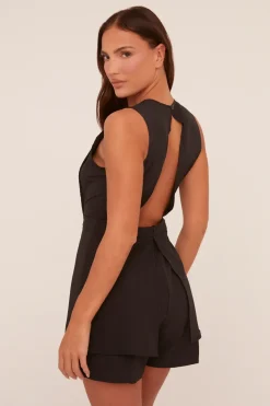 Rebellious Fashion Black Plunge Neck Sleeveless Playsuit - Tatum
