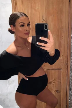 Rebellious Fashion Black Plunge off Shoulder Cropped Sweatshirt - Zarah