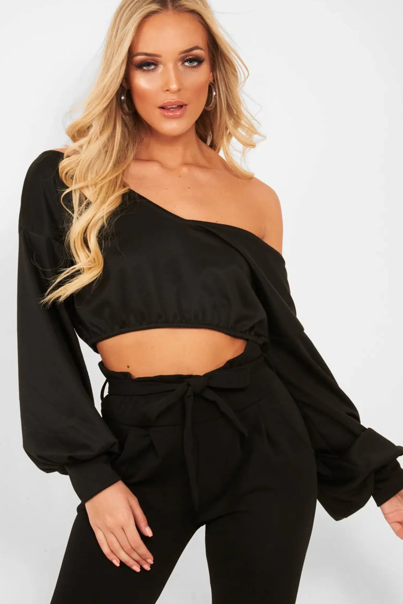 Rebellious Fashion Black Plunge off Shoulder Cropped Sweatshirt - Zarah