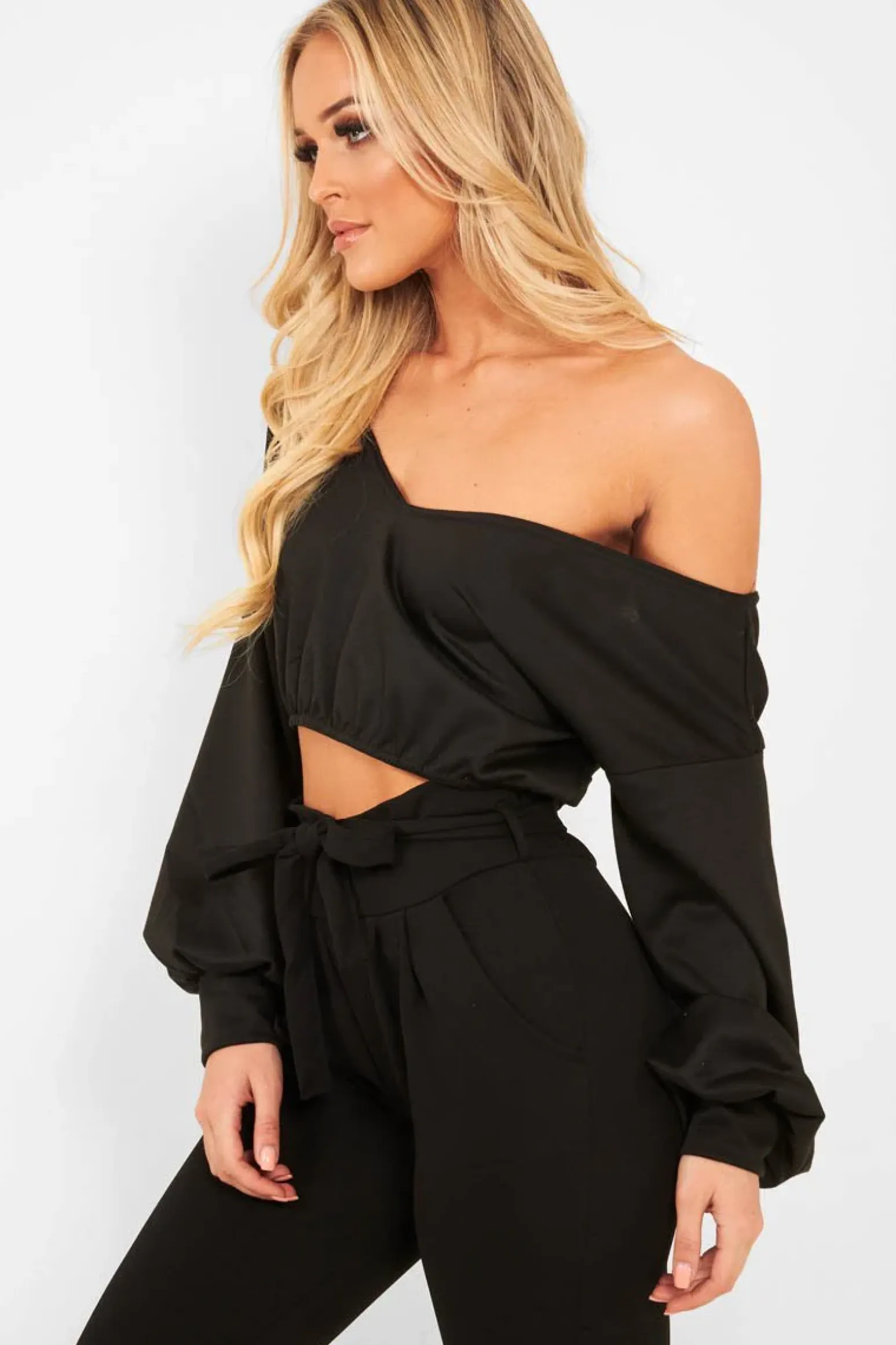 Rebellious Fashion Black Plunge off Shoulder Cropped Sweatshirt - Zarah