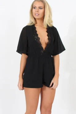 Rebellious Fashion Black Plunge Playsuit - Winnie