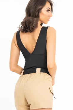 Rebellious Fashion Black Plunge Ruched Bodysuit - Sookie