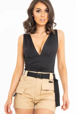 Rebellious Fashion Black Plunge Ruched Bodysuit - Sookie