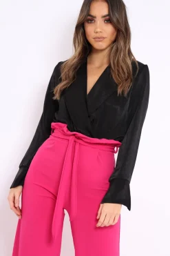 Rebellious Fashion Black Plunge Satin Bodysuit - Rebeka