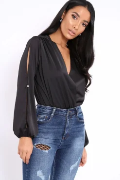 Rebellious Fashion Black Plunge Satin Bodysuit with Split Sleeves - Pema